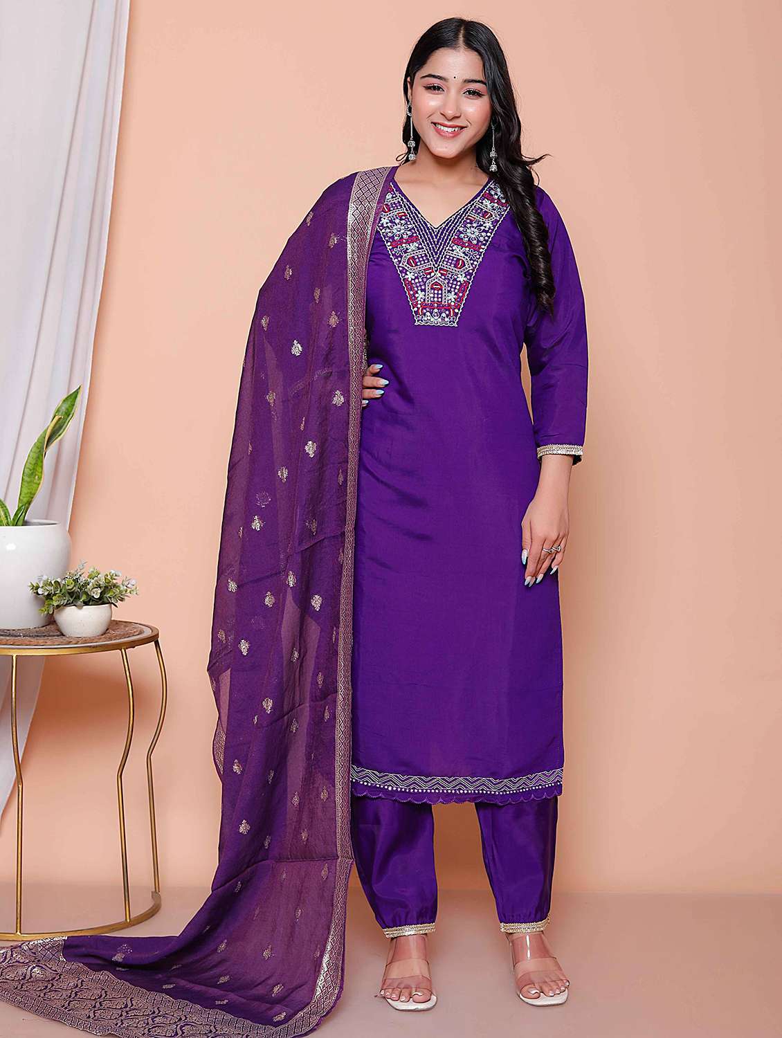 women solid with work three quarter sleeve kurta pant with dupatta set
