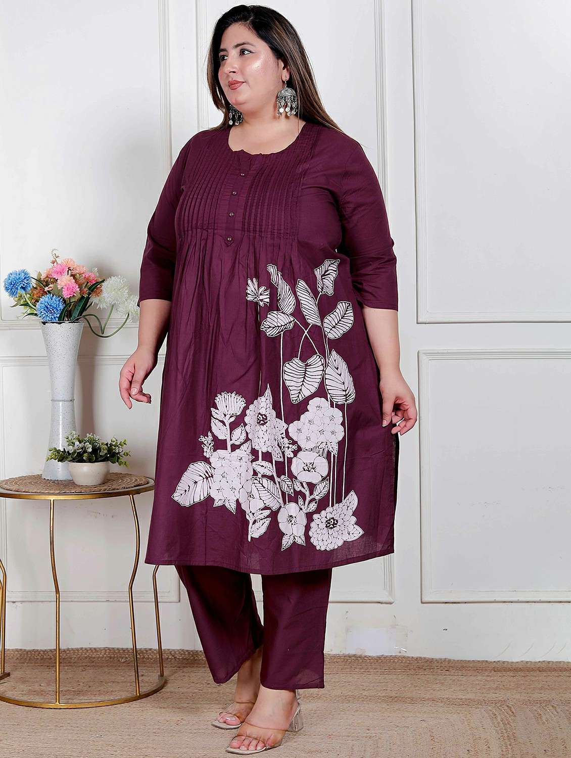women plus size floral three quarter sleeve kurta set - 22317805 -  Standard Image - 2