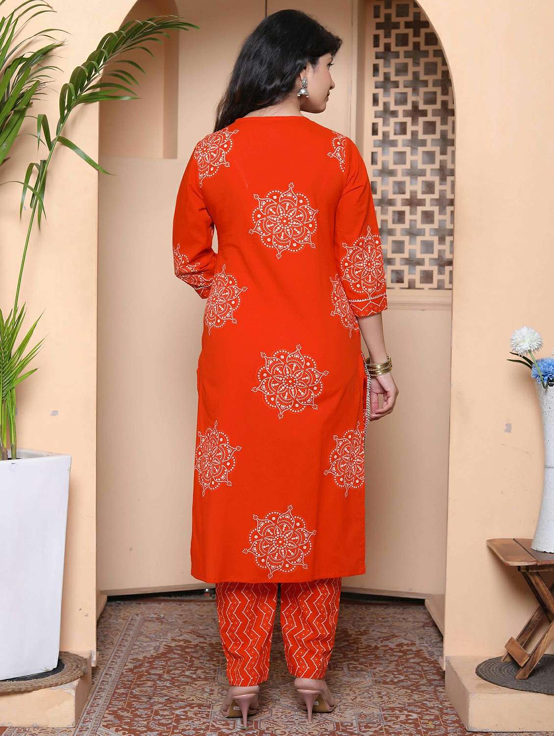 women bandhani printed three quarter sleeve kurta pant set - 22317816 -  Standard Image - 2