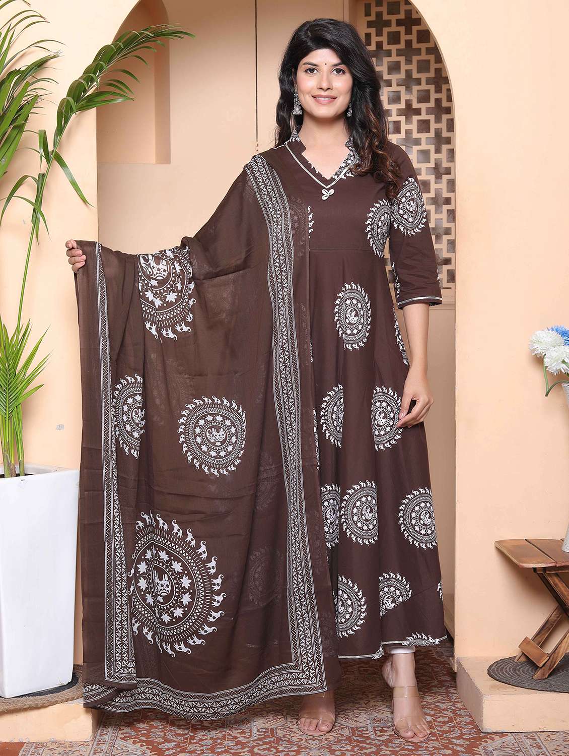 women printed three quarter sleeve kurta with dupatta set - 22317824 -  Standard Image - 2