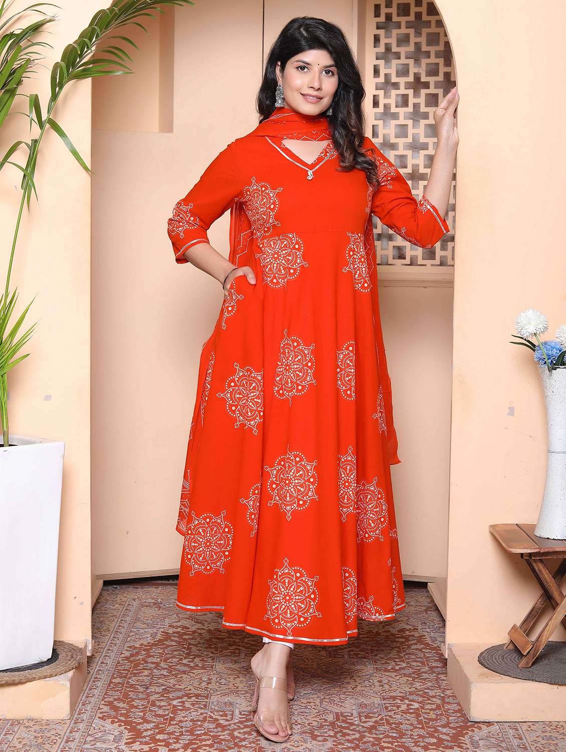 women printed three quarter sleeve kurta with dupatta set - 22317825 -  Standard Image - 2