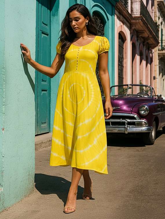 women printed round neck fit and flare dress