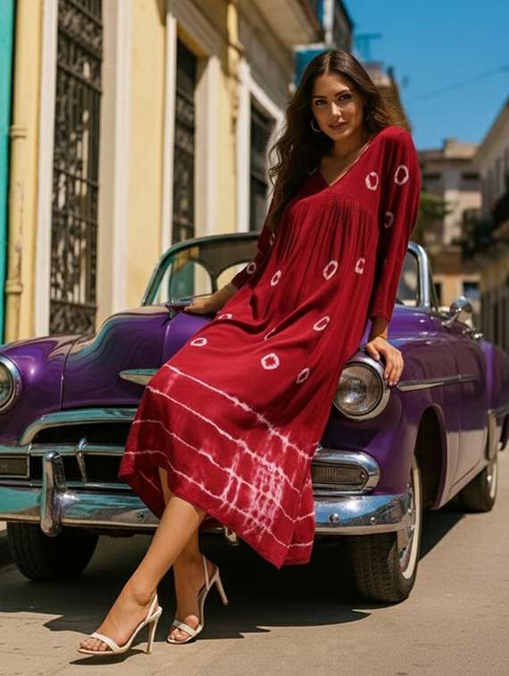 women printed three quarter sleeves fit & flare dress - 22318676 -  Standard Image - 2