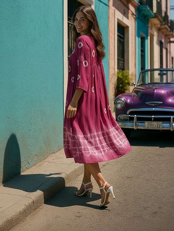 women printed three quarter sleeves fit & flare dress - 22318677 -  Standard Image - 2