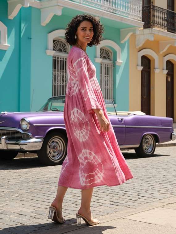 women printed three quarter sleeves fit & flare dress - 22318678 -  Standard Image - 2