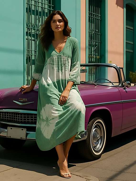 women printed three quarter sleeves fit & flare dress - 22318680 -  Standard Image - 2