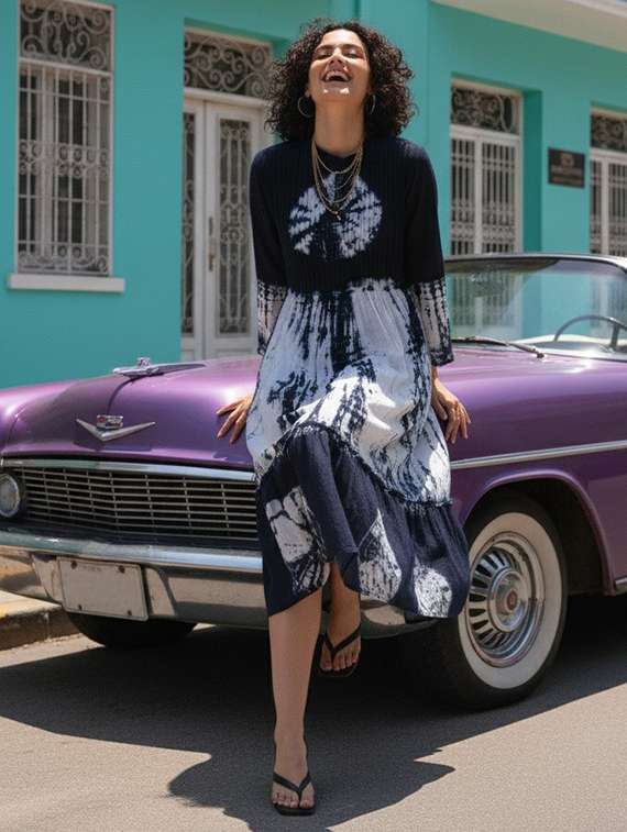 women printed three quarter sleeves tiered dress - 22318681 -  Standard Image - 2