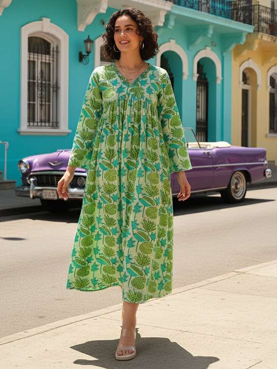 women printed long sleeves a-line dress