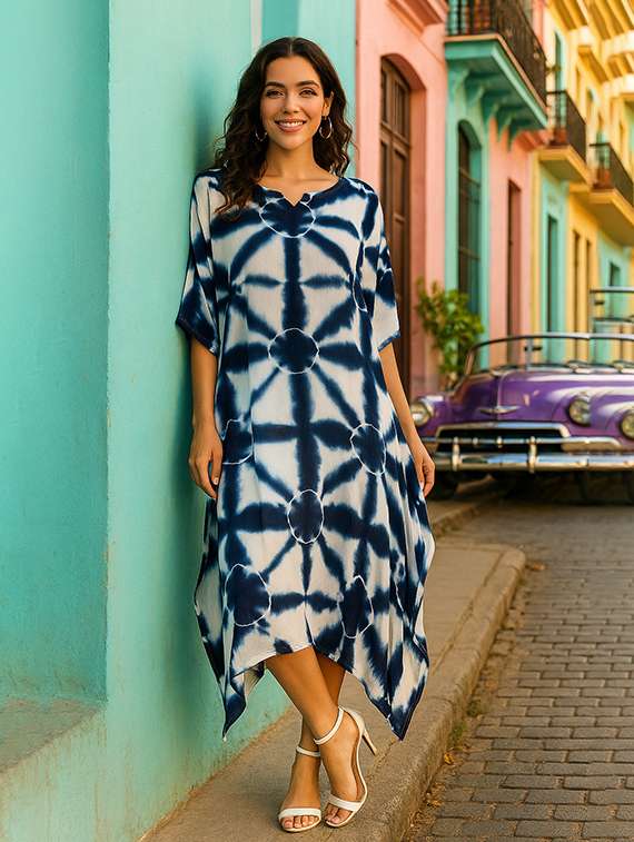 women printed kimono sleeve kaftan dress