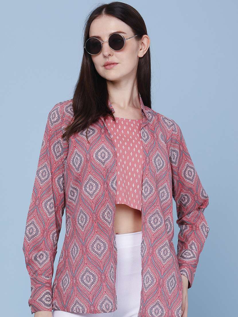 women printed long sleeves top with jacket