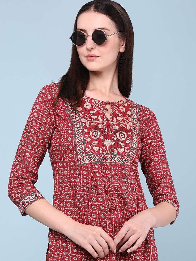 women printed three quarter sleeves a-line kurti