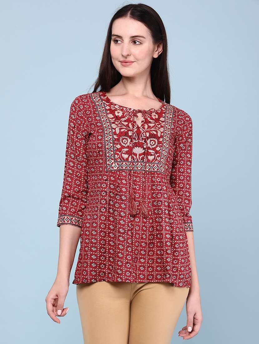 Women Printed Three Quarter Sleeves A-line Kurti - 22319129 -  Standard Image - 2