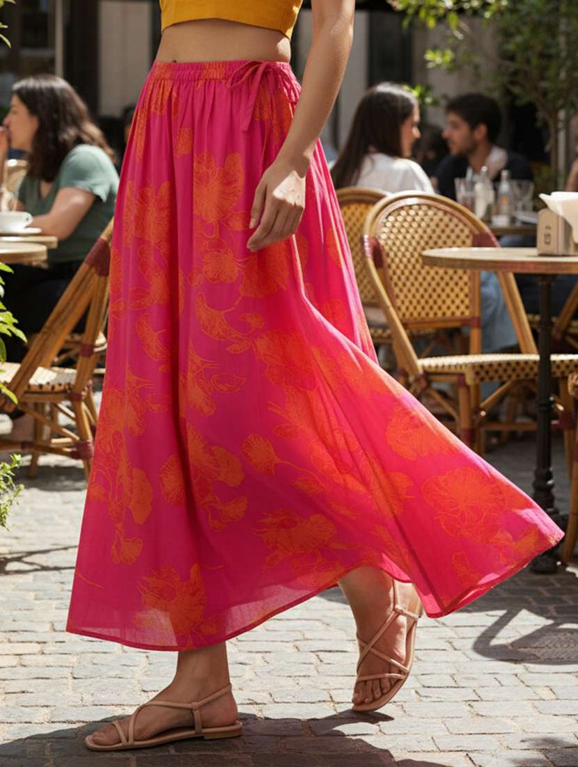 women printed mid rise flared maxi skirt