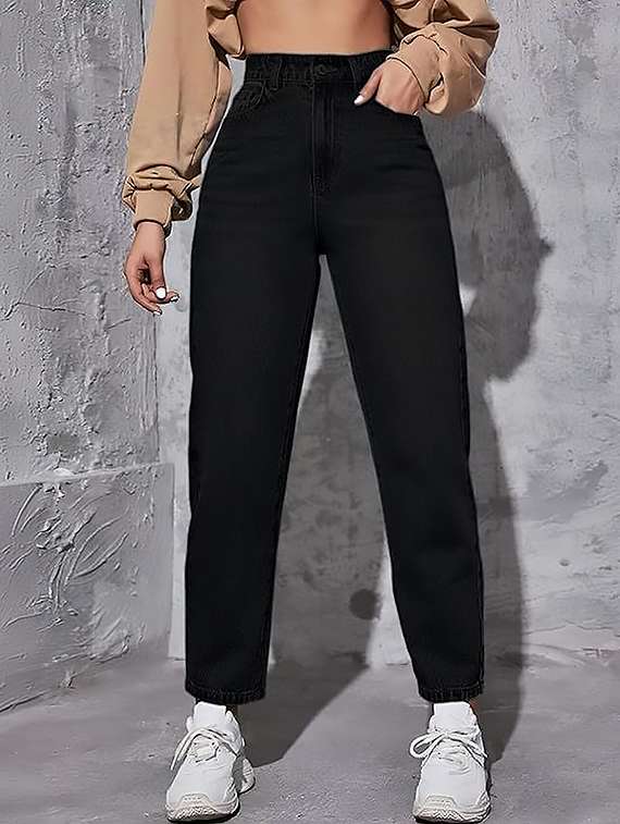 women solid high rise boyfriend jean
