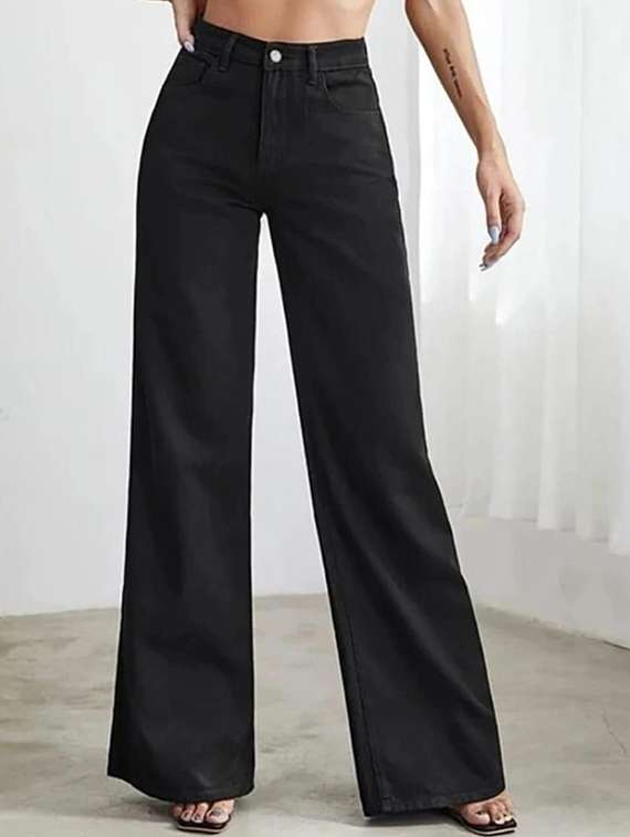 women solid high rise wide leg jeans