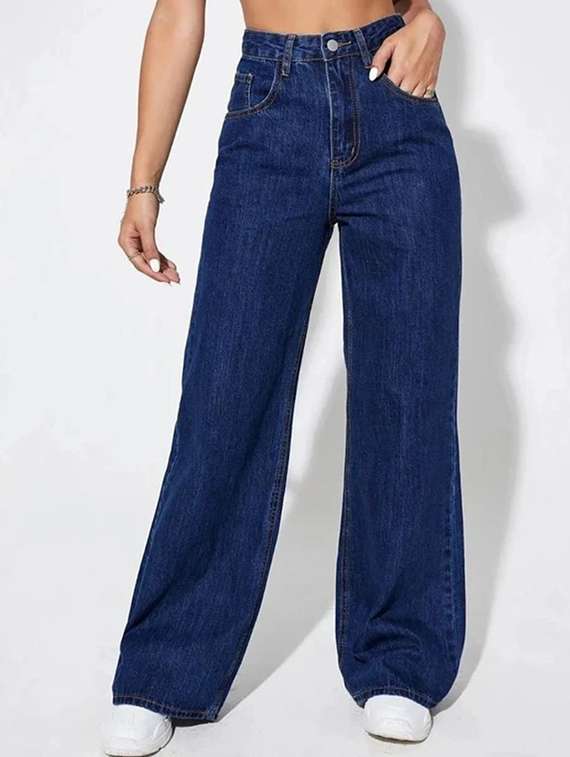 women solid high rise wide leg jean