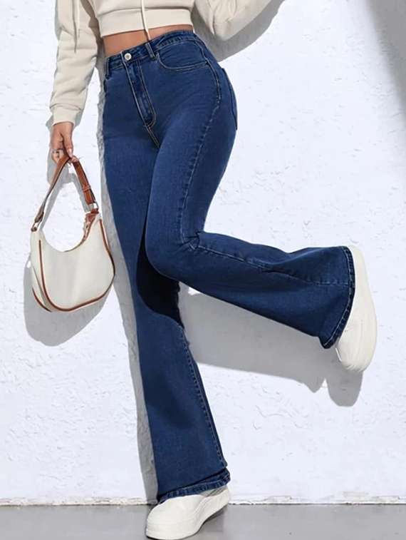 women solid high rise bootcut jeans