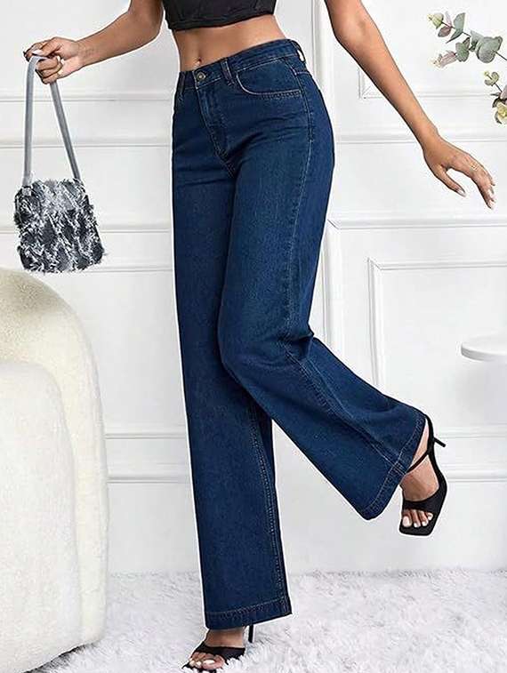 women solid high rise wide legeans - 22319322 -  Standard Image - 2