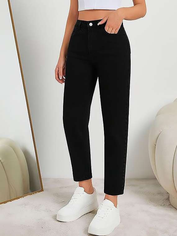 women solid high rise boyfriend fit jean