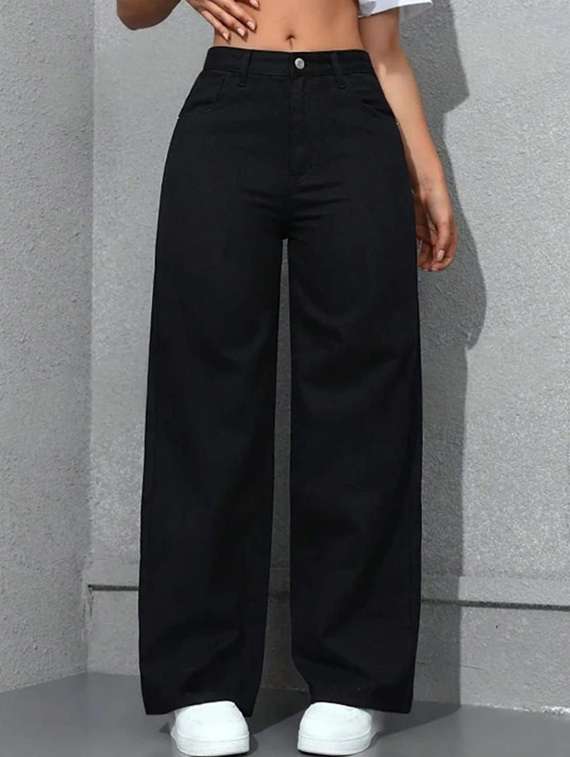 women solid high rise wide leg jeans