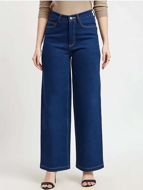 women plain high rise wide leg jeans