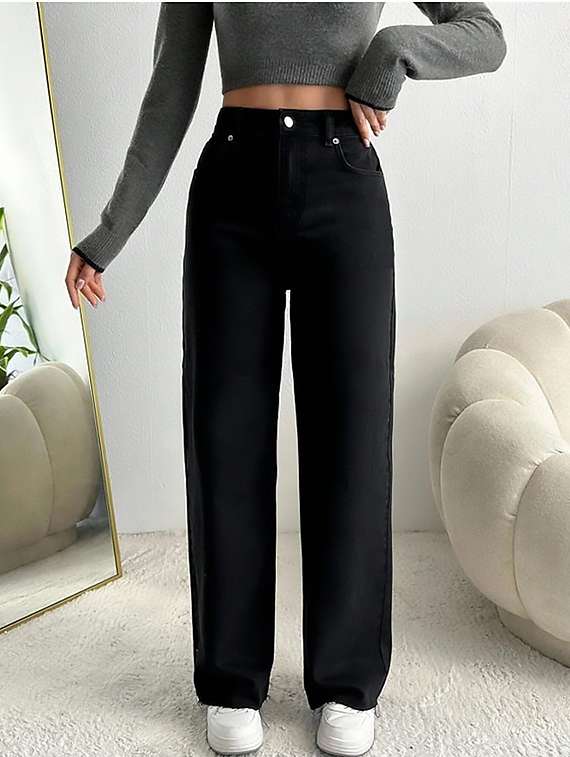 women plain high rise wide leg jeans