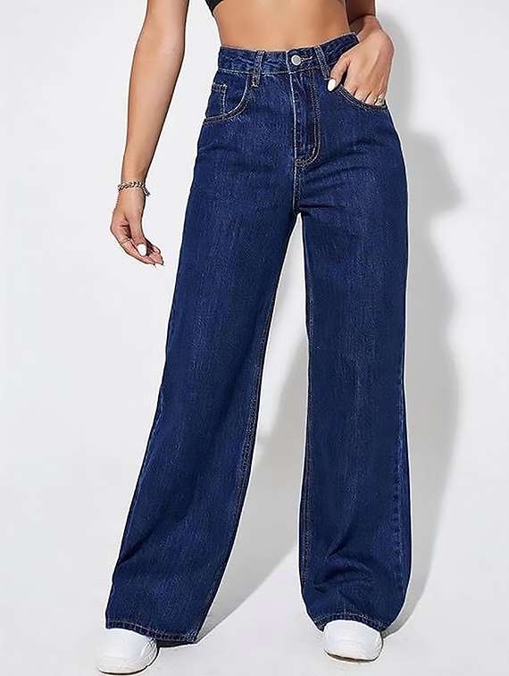women plain high rise wide leg jeans