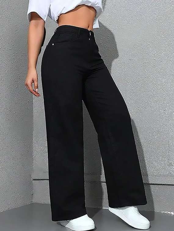 women plain high rise wide leg jeans - 22319393 -  Standard Image - 2