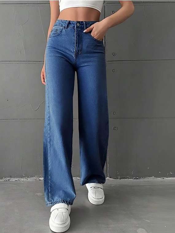 women plain high rise wide leg jeans