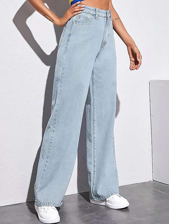 women plain high rise wide leg jeans
