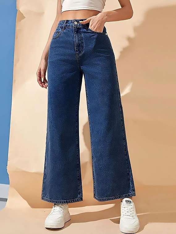 women plain high rise wide leg jeans