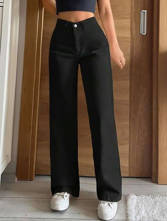 women solid high rise straight jeans