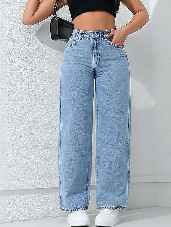 women plain high rise wide leg jeans