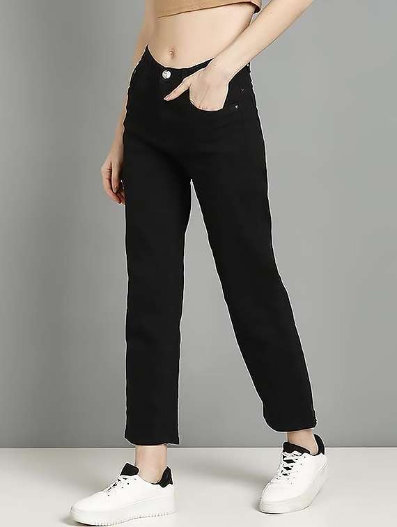 women solid high rise straight jeans