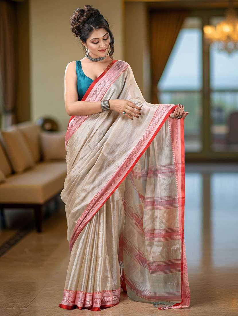women solid with bordered handloom saree with blouse - 22319573 -  Standard Image - 2