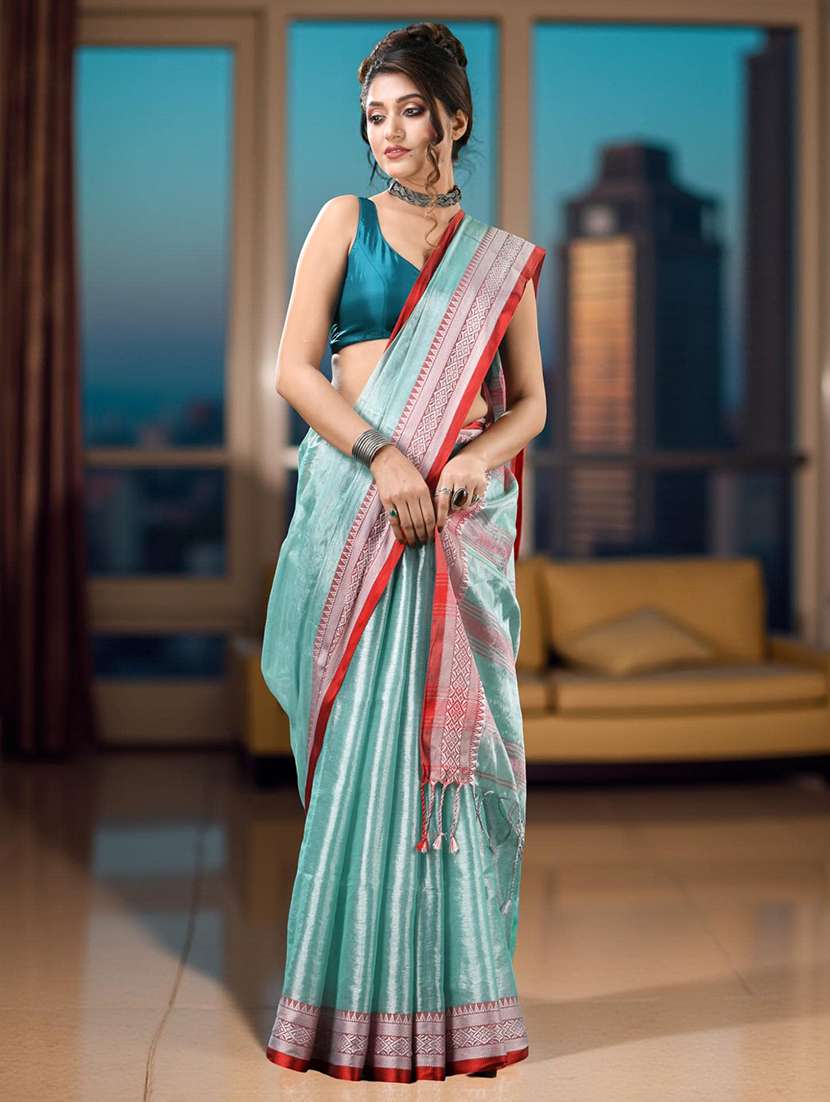 women solid with bordered handloom saree with blouse - 22319574 -  Standard Image - 2