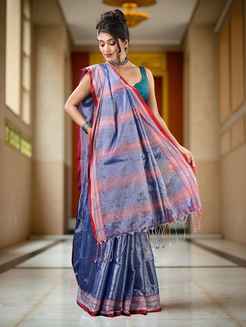 women solid with bordered handloom saree with blouse - 22319575 -  Standard Image - 2