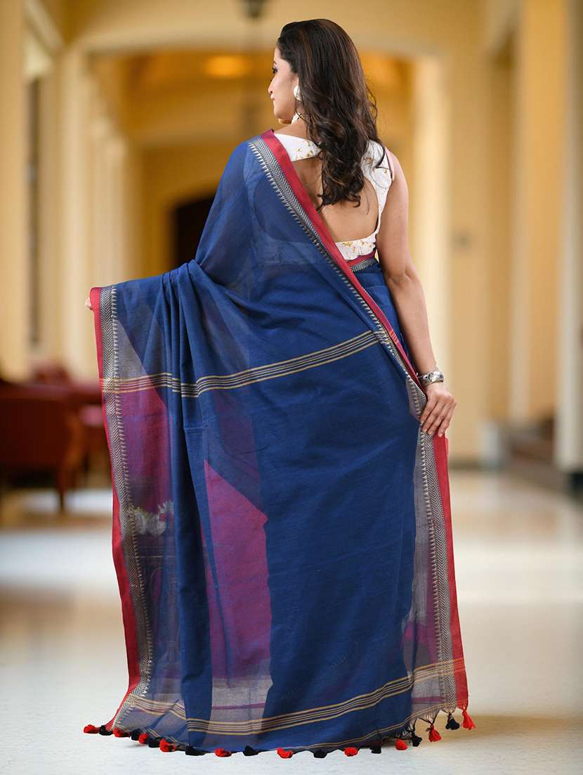 women solid with bordered handloom saree with blouse - 22319648 -  Standard Image - 2