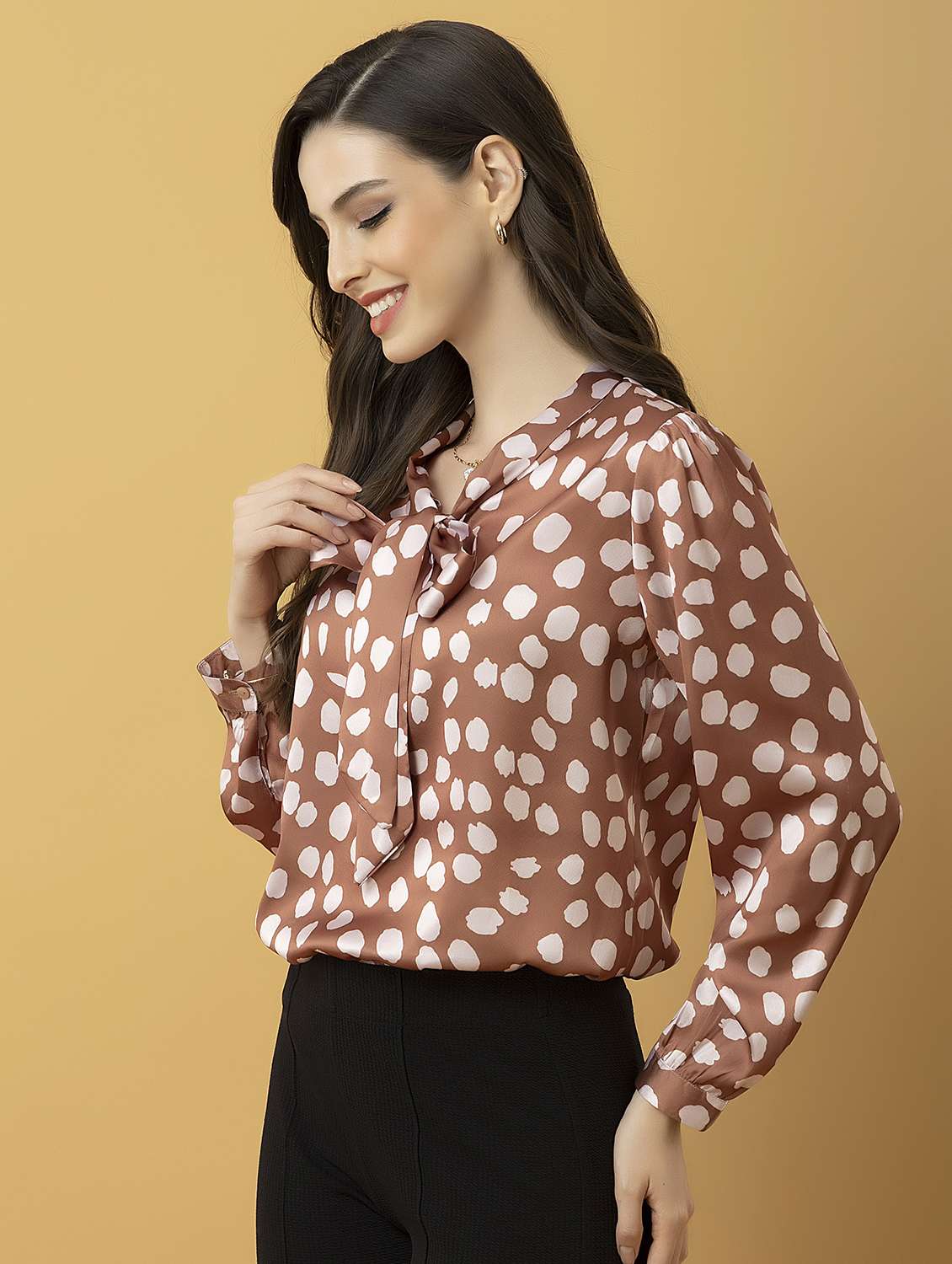 women printed tie-up neck long sleeve top - 22319650 -  Standard Image - 2