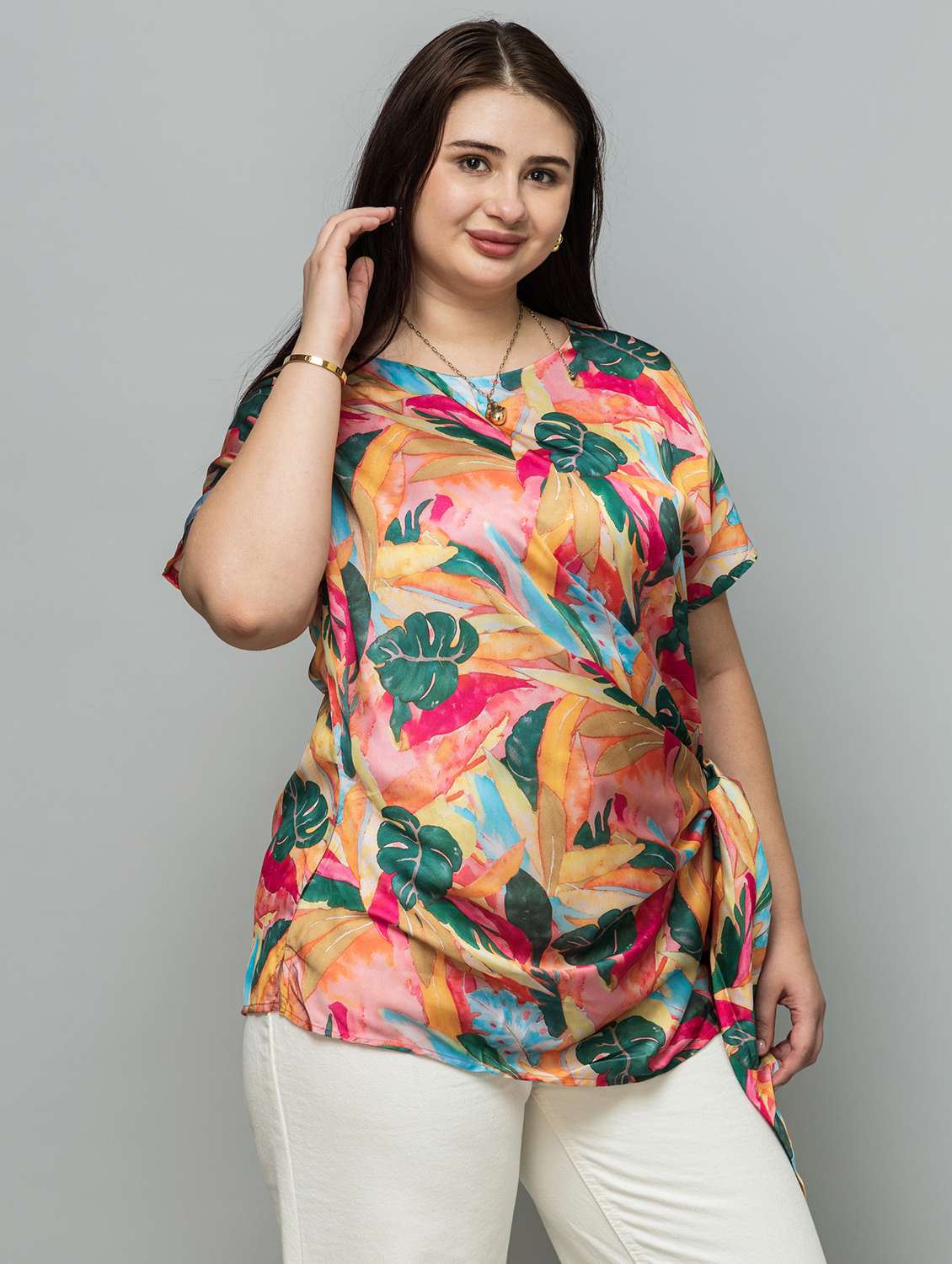 women plus size printed short sleeve mock wrap top - 22319657 -  Standard Image - 2