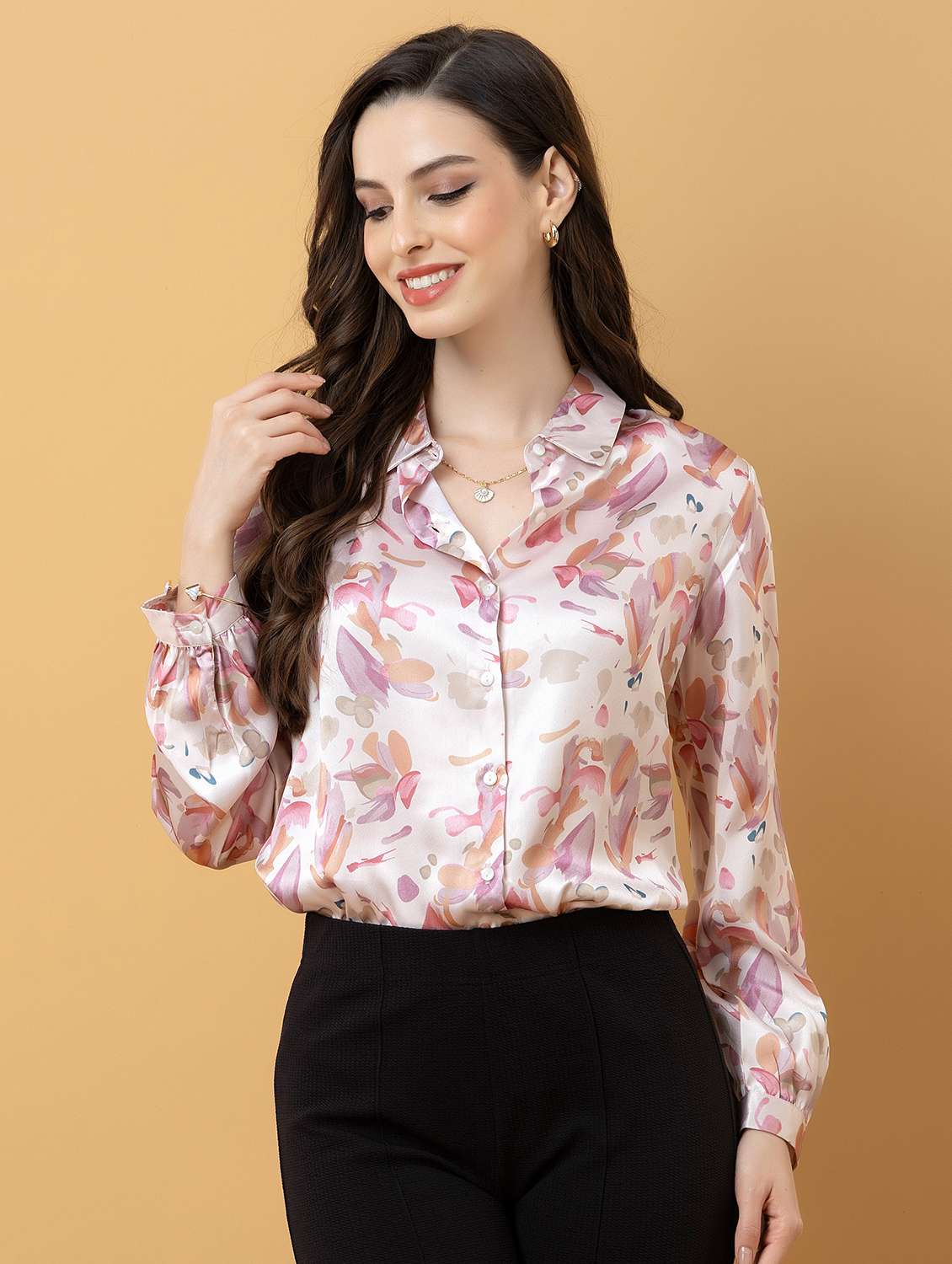 women printed collared long sleeve shirt - 22319658 -  Standard Image - 2