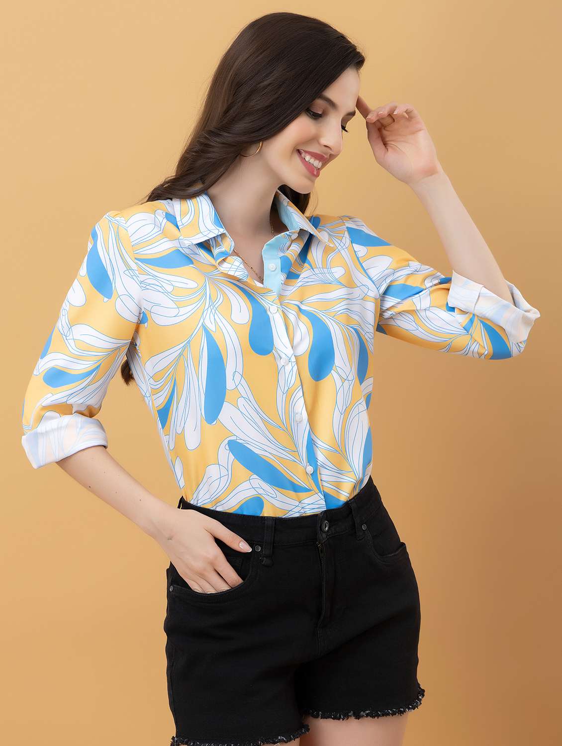 women printed collared long sleeve shirt - 22319659 -  Standard Image - 2