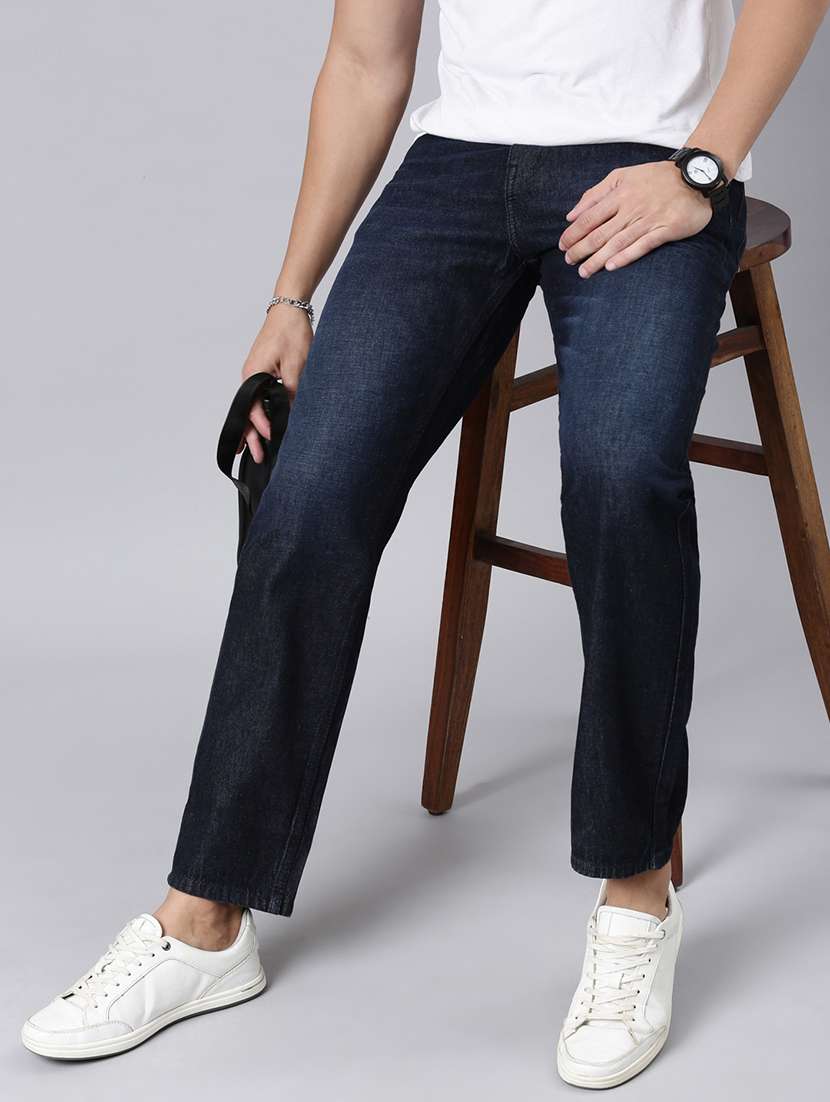 men washed mid rise full length jeans