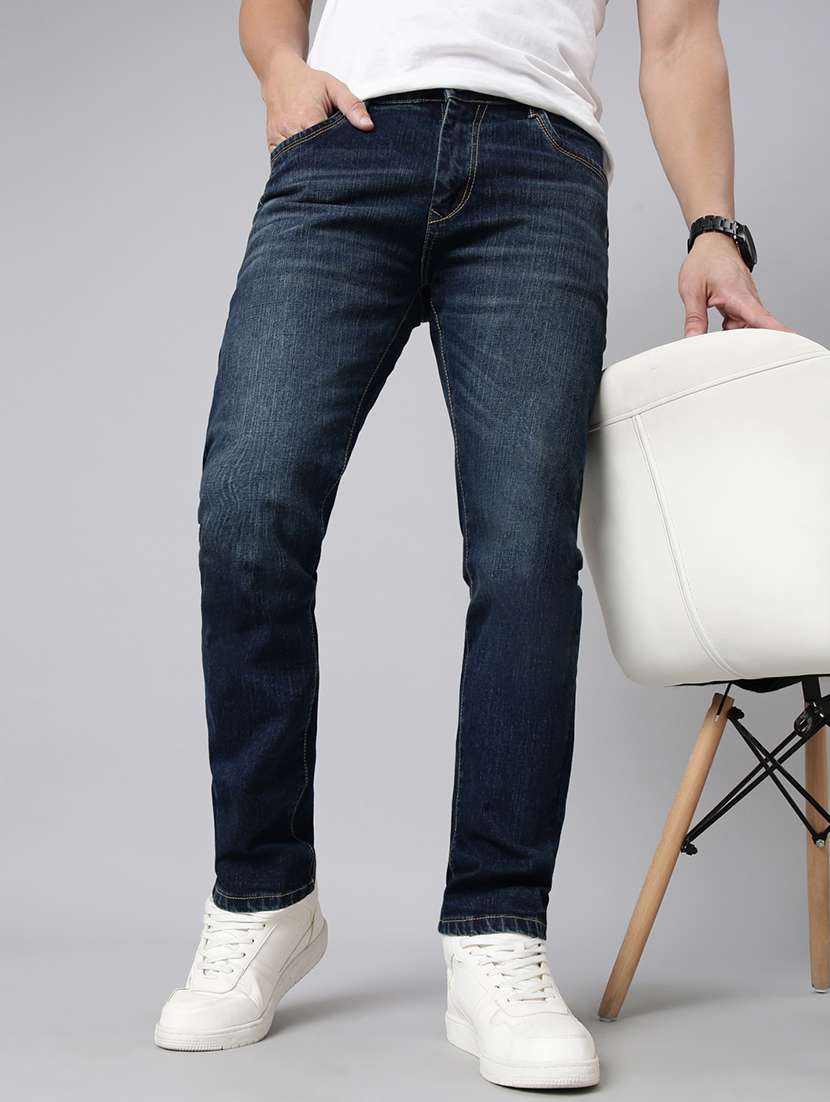 men washed mid rise full length jeans