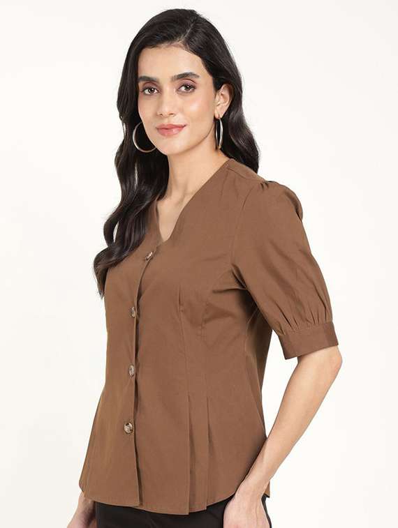 women solid lapel collar puff sleeve shirt - 22320648 -  Standard Image - 2