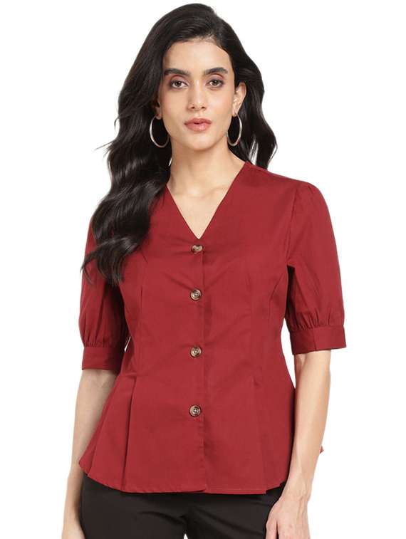 women solid v-neck puff sleeve shirt
