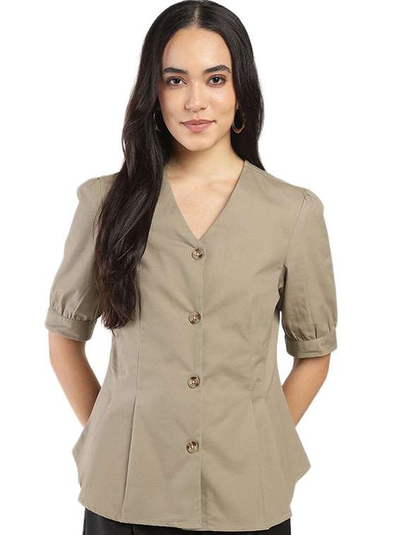 women solid v-neck puff sleeve shirt