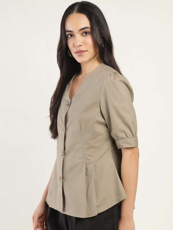 women solid v-neck puff sleeve shirt - 22320652 -  Standard Image - 2