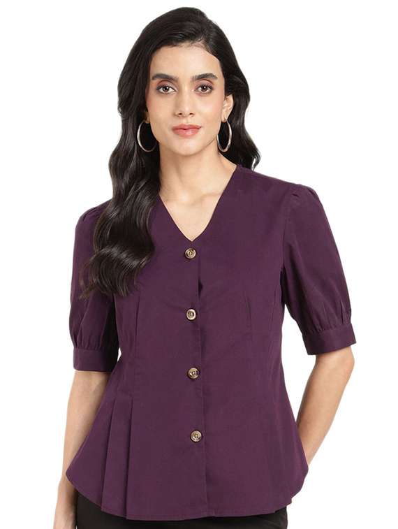 women solid v-neck puff sleeve shirt