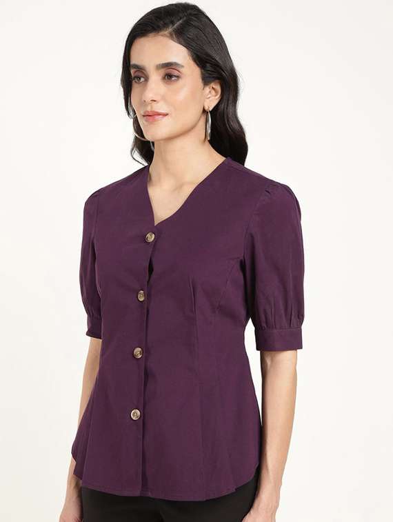 women solid v-neck puff sleeve shirt - 22320653 -  Standard Image - 2